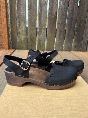 Sandgrens Milan Swedish Wooden Clog Sandals In Black Sz 40